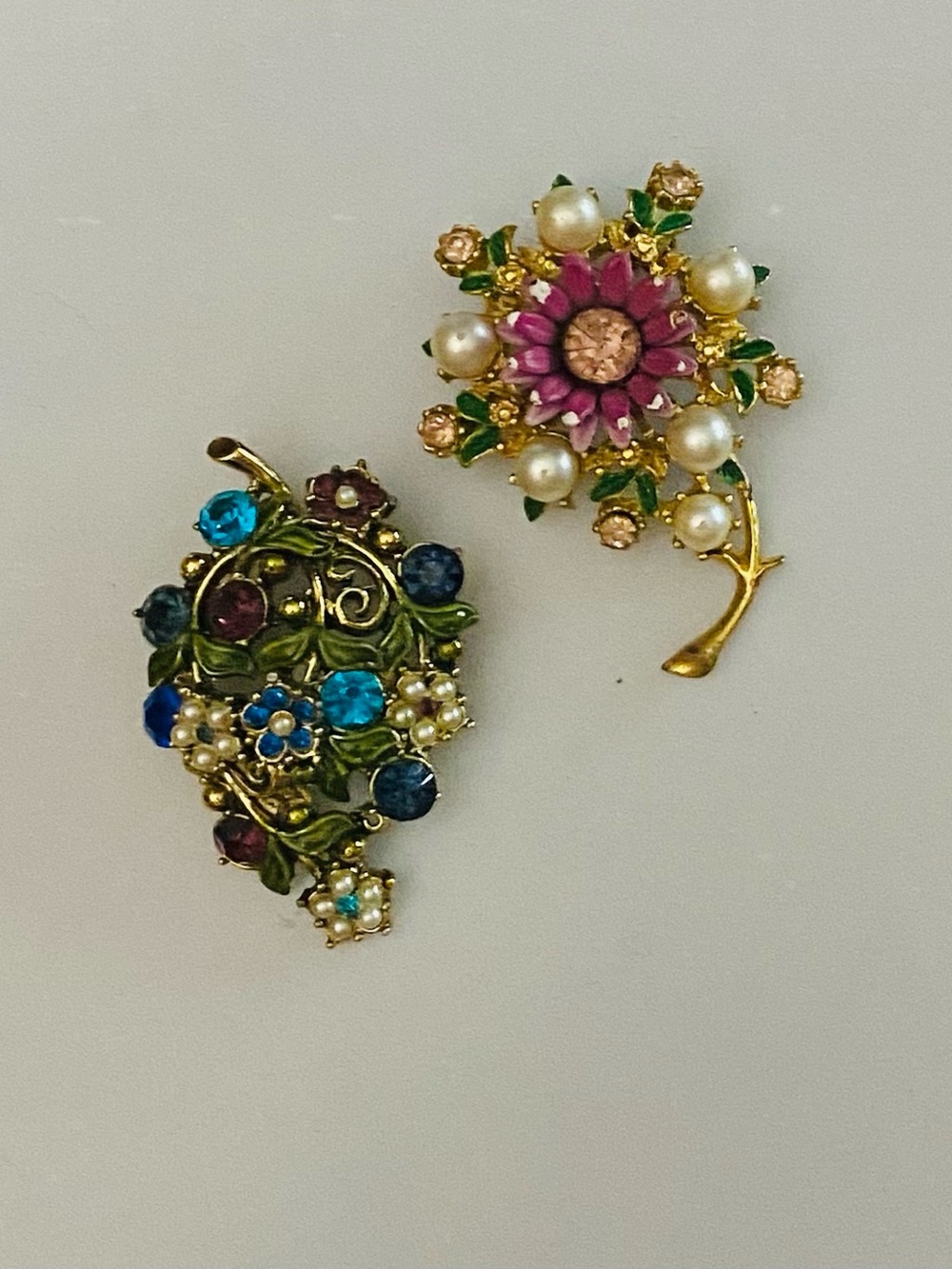 Vintage Unique Brooches with Blue and Green gems and Pink and Pearl Like Stones.